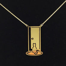 "Cat at the door" cat pendant and chain, steel or gold-plated