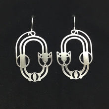 "Cat and Ball” stylized cat design hoop earrings, steel or gold-plated