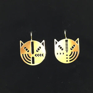 “Geo face cats” stylized cat face earrings, steel or gold-plated