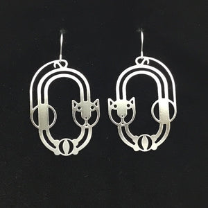 "Cat and Ball” stylized cat design hoop earrings, steel or gold-plated