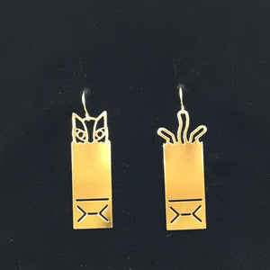 “Cat’s in the bag” cat dangle earrings, steel or gold-plated