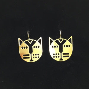 “Deco face cats” stainless steel cat face earrings, steel or gold-plated