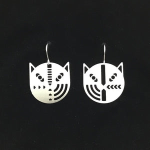 “Geo face cats” stylized cat face earrings, steel or gold-plated