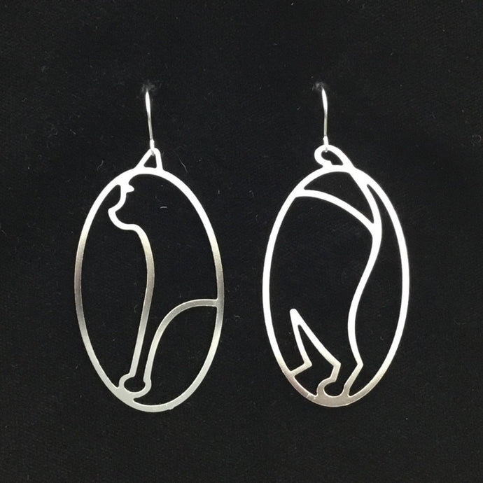 “In one ear and out the other” cat hoop earrings, steel or gold-plated