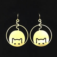 “Kitty Cup” round hoop cat earrings, steel or gold-plated