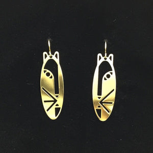 “Masked face” oval hoop feline earrings, steel or gold-plated