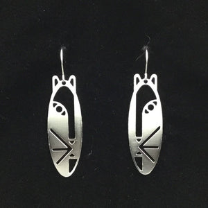 “Masked face” oval hoop feline earrings, steel or gold-plated