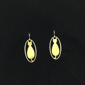 “Patience” cat design oval hoop earrings, steel or gold-plated